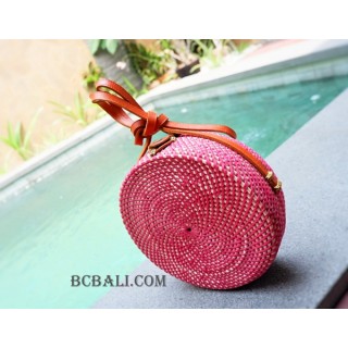 circle sling leather bag rattan fashion maroon